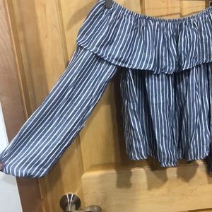 Mossimo Blue and White Striped Off Shoulder Top